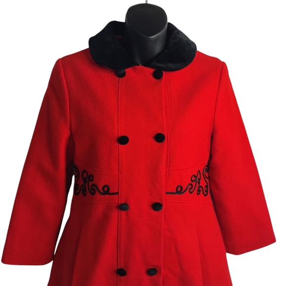 Vtg Freeway fashions Pea Coat Womens Red Wool Velvet Collar Embellished Waist 10 - Picture 3 of 10
